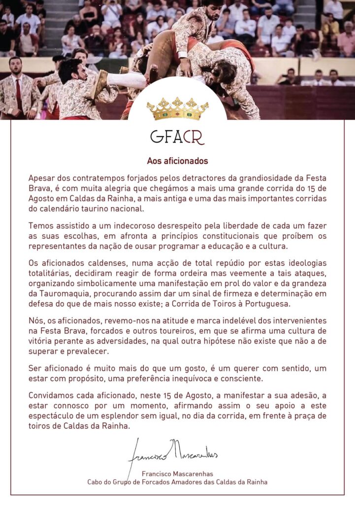 Cabo dos Forcados Amadores das Caldas da Rainha escreve carta aos aficionados!