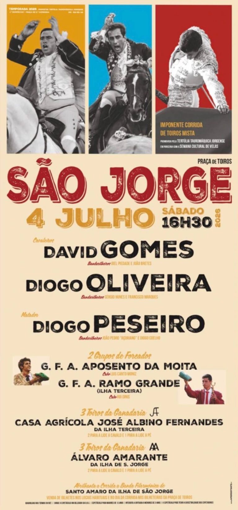 São Jorge recebe corrida de toiros mista a 4 de julho com David Gomes, Diogo Oliveira e Diogo Peseiro