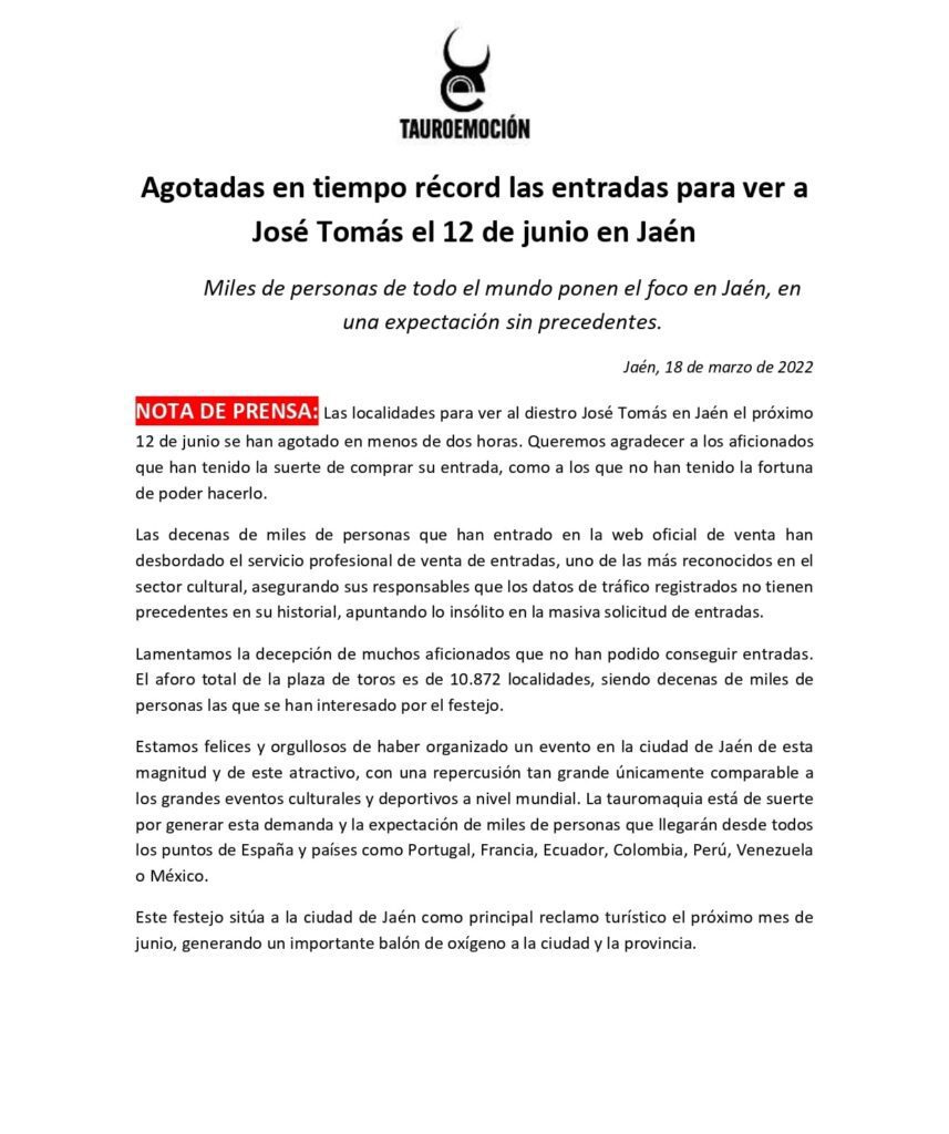 Bilhetes esgotados para ver José Tomás em Jaén