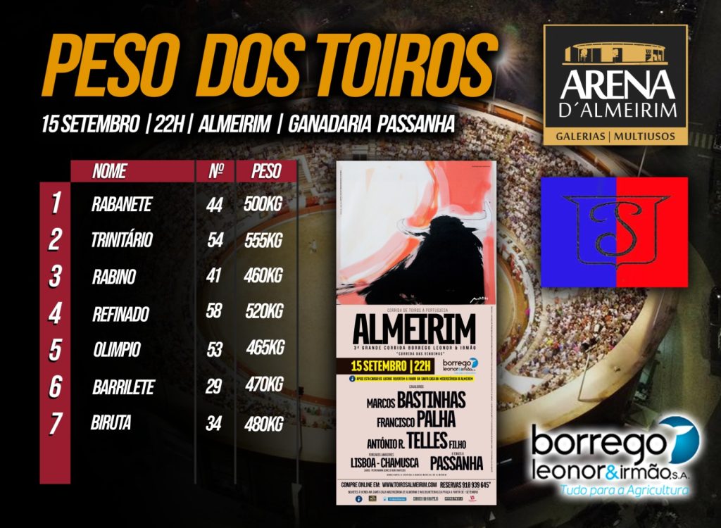 Pesos dos touros de Passanha par esta noite em Almeirim
